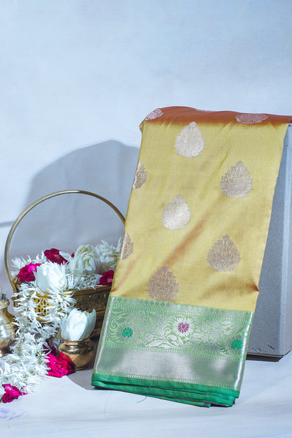 Yellow-Golden Katan Alfi Buta Saree