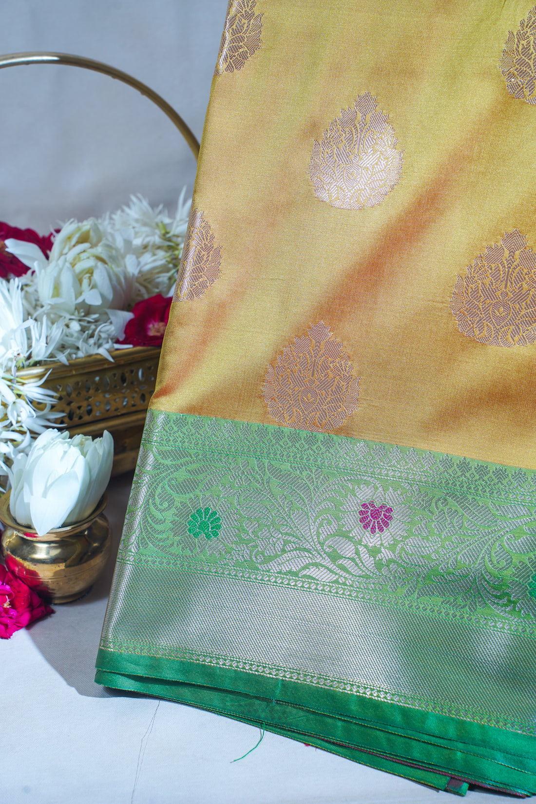 Yellow-Golden Katan Alfi Buta Saree