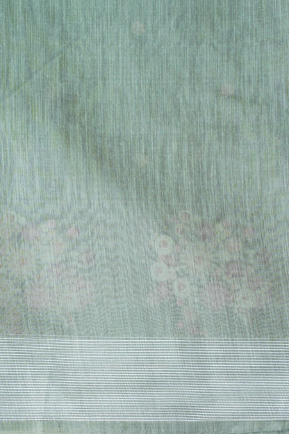 Sage Green Pure Linen Saree with Multicolor Floral Embroidery