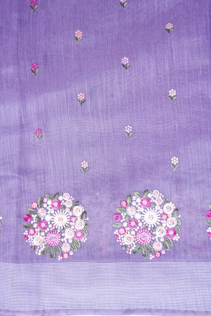 Lilac Linen Saree with Multicolor Floral Chikankari Embroidery