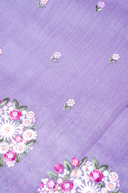 Lilac Linen Saree with Multicolor Floral Chikankari Embroidery
