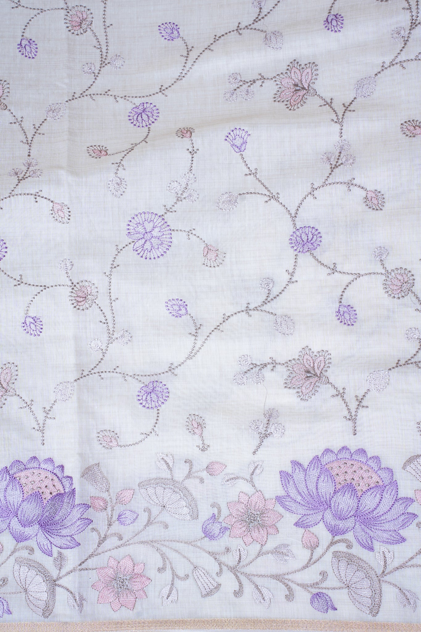 Off-White Cotton Saree with Multicolor Minakari Embroidery