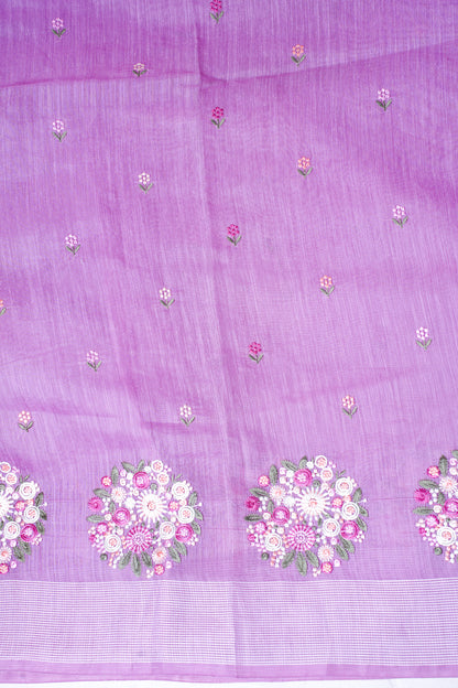 Lavender Linen Saree with Multicolor Floral Chikankari Embroidery