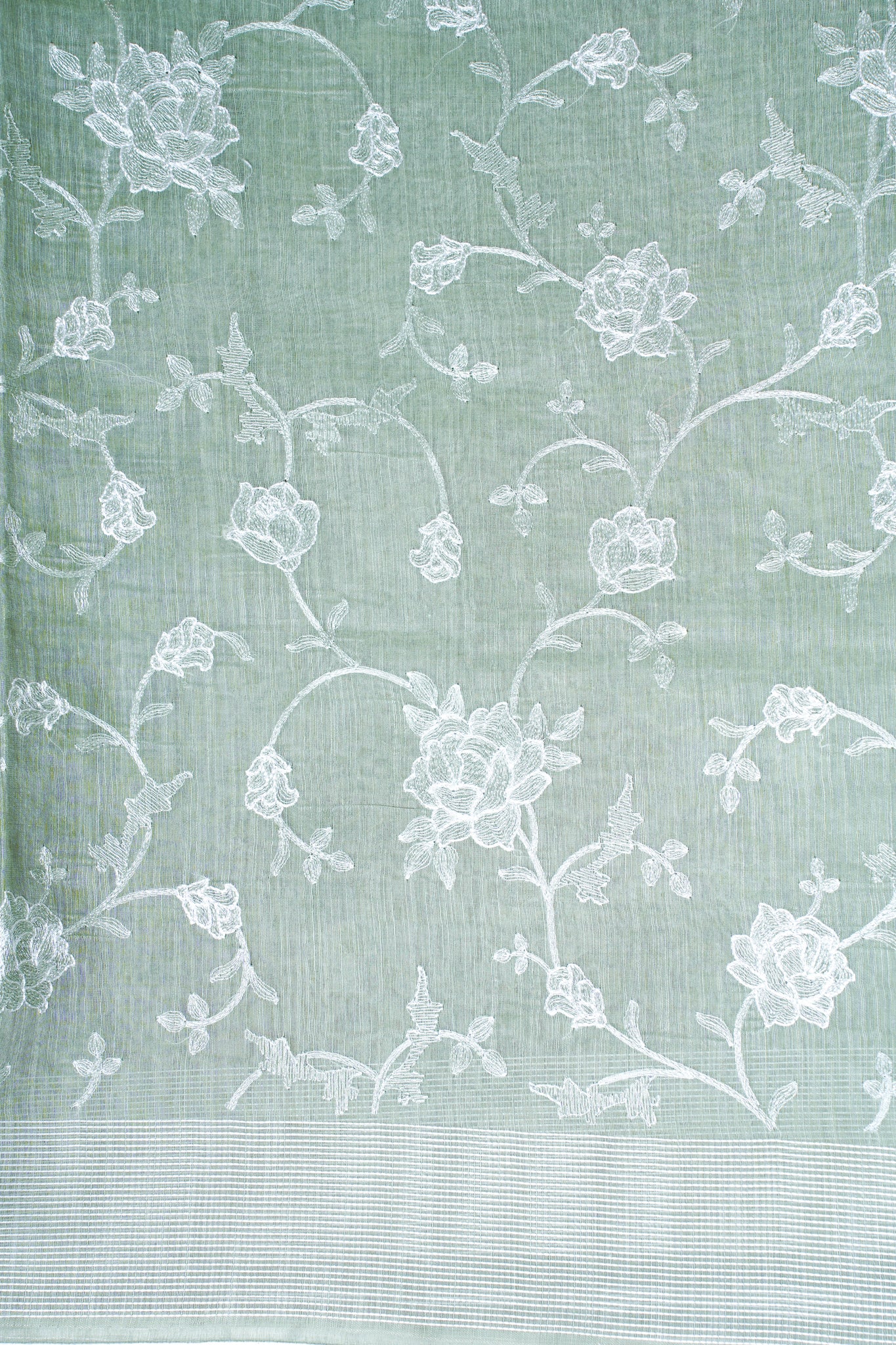 Sage Green Pure Linen Saree with White Chikankari Embroidery