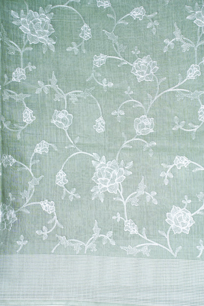 Sage Green Pure Linen Saree with White Chikankari Embroidery