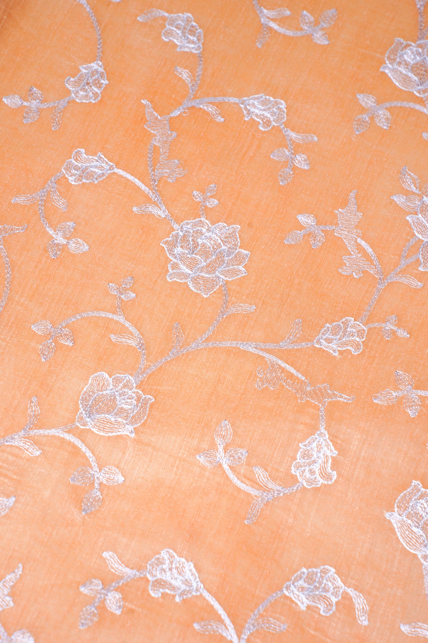 Peach Pure Linen Saree with White Chikankari Embroidery
