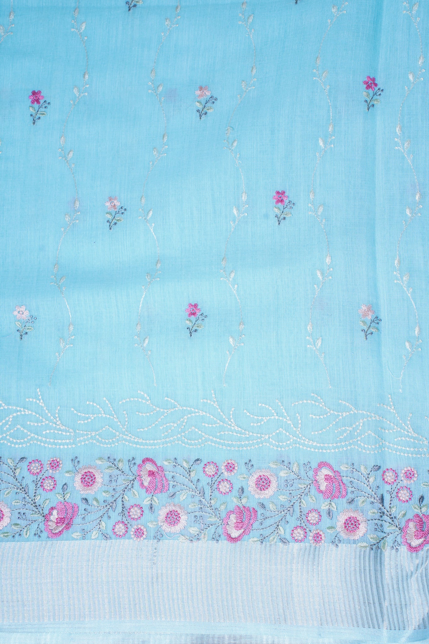 Sky Blue Cotton Saree with Multicolor Minakari Embroidery