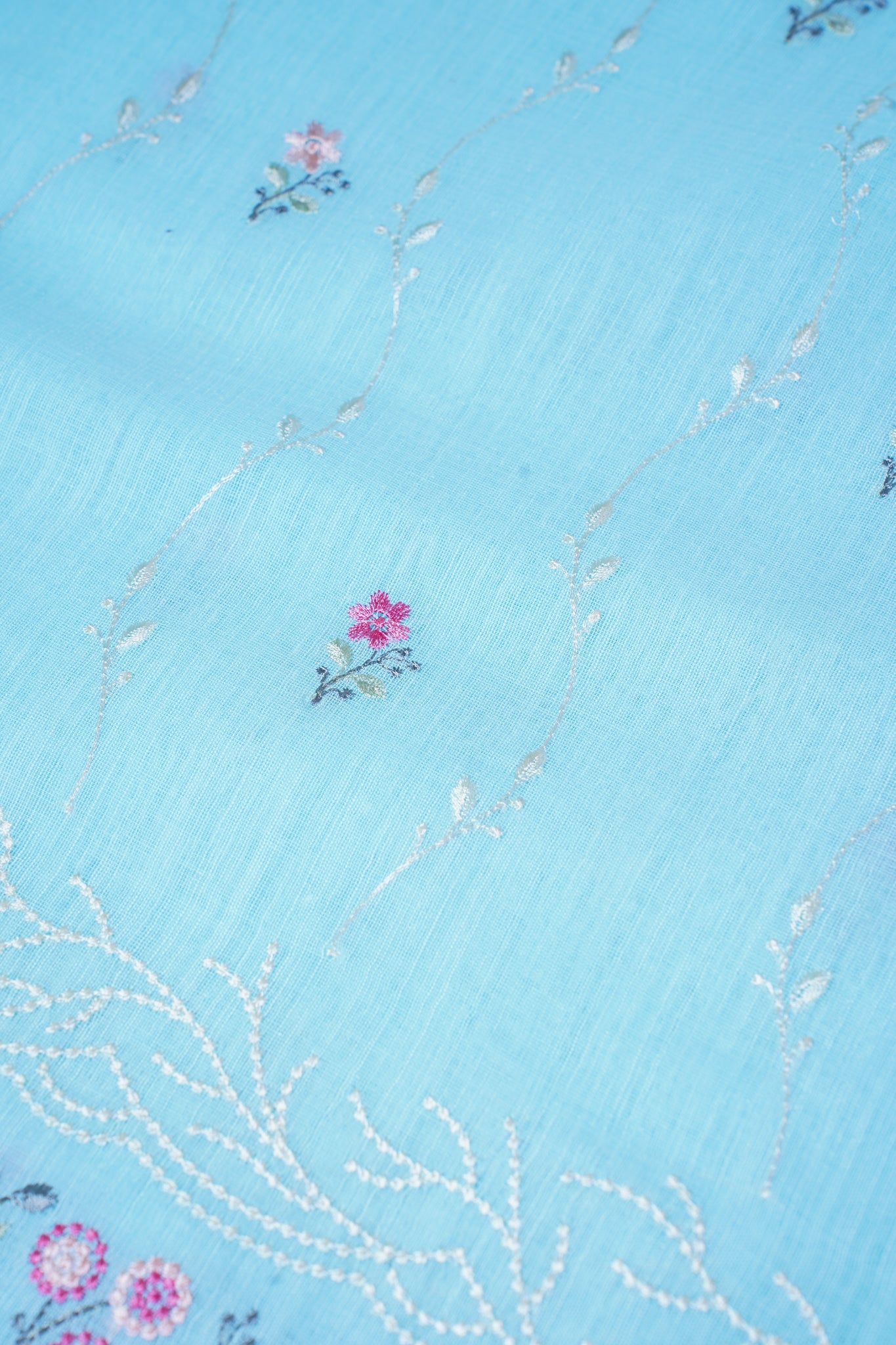 Sky Blue Cotton Saree with Multicolor Minakari Embroidery