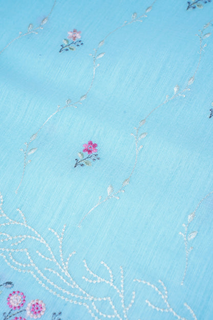 Sky Blue Cotton Saree with Multicolor Minakari Embroidery