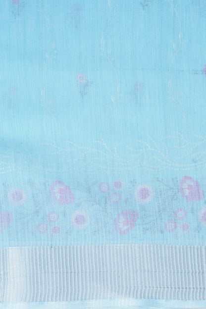 Sky Blue Cotton Saree with Multicolor Minakari Embroidery