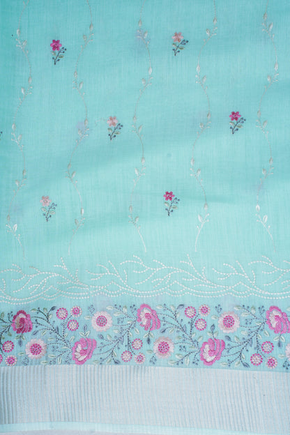 Mint Green Cotton Saree with Minakari Floral Embroidery