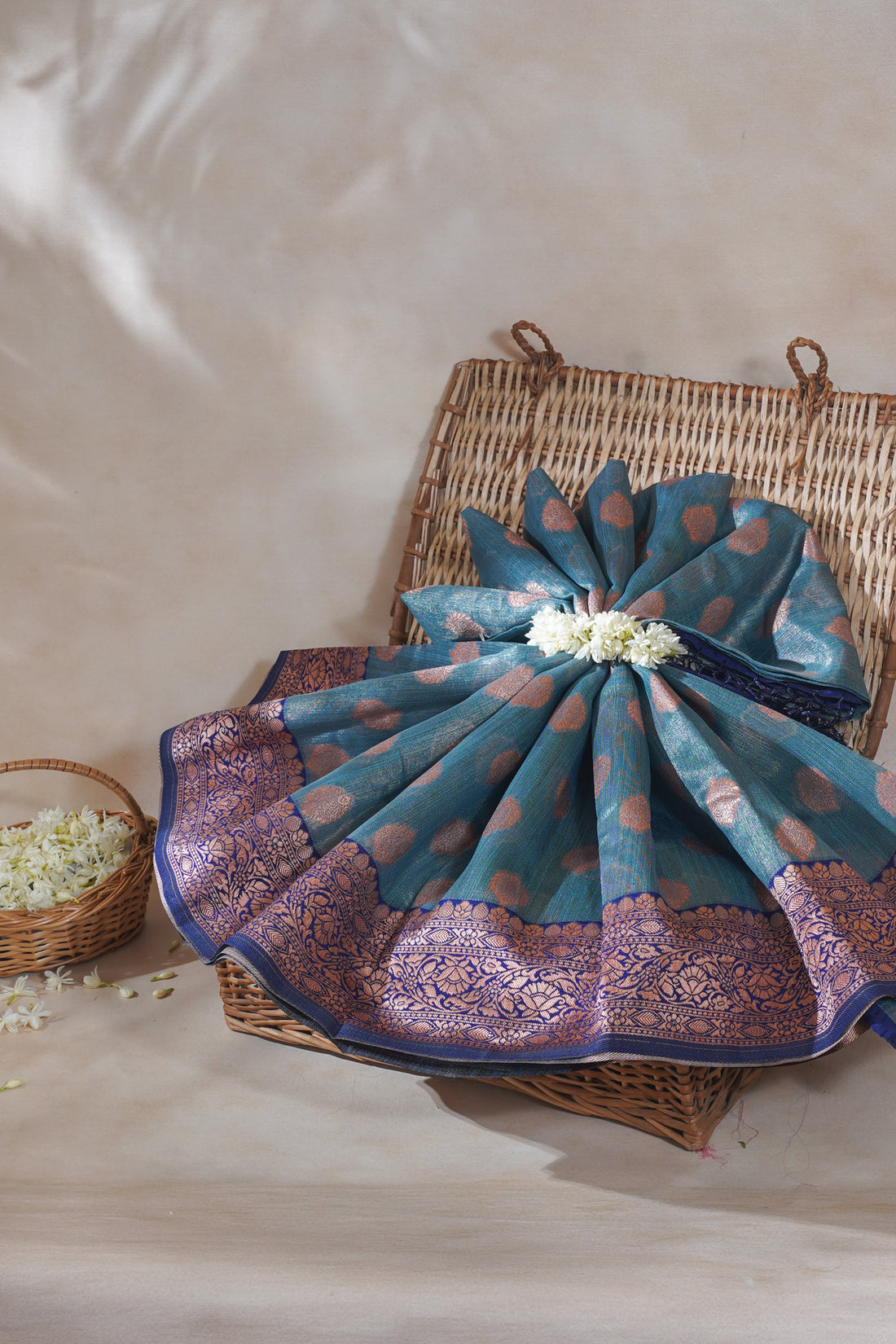 Teal Banarasi Copper Buta Saree