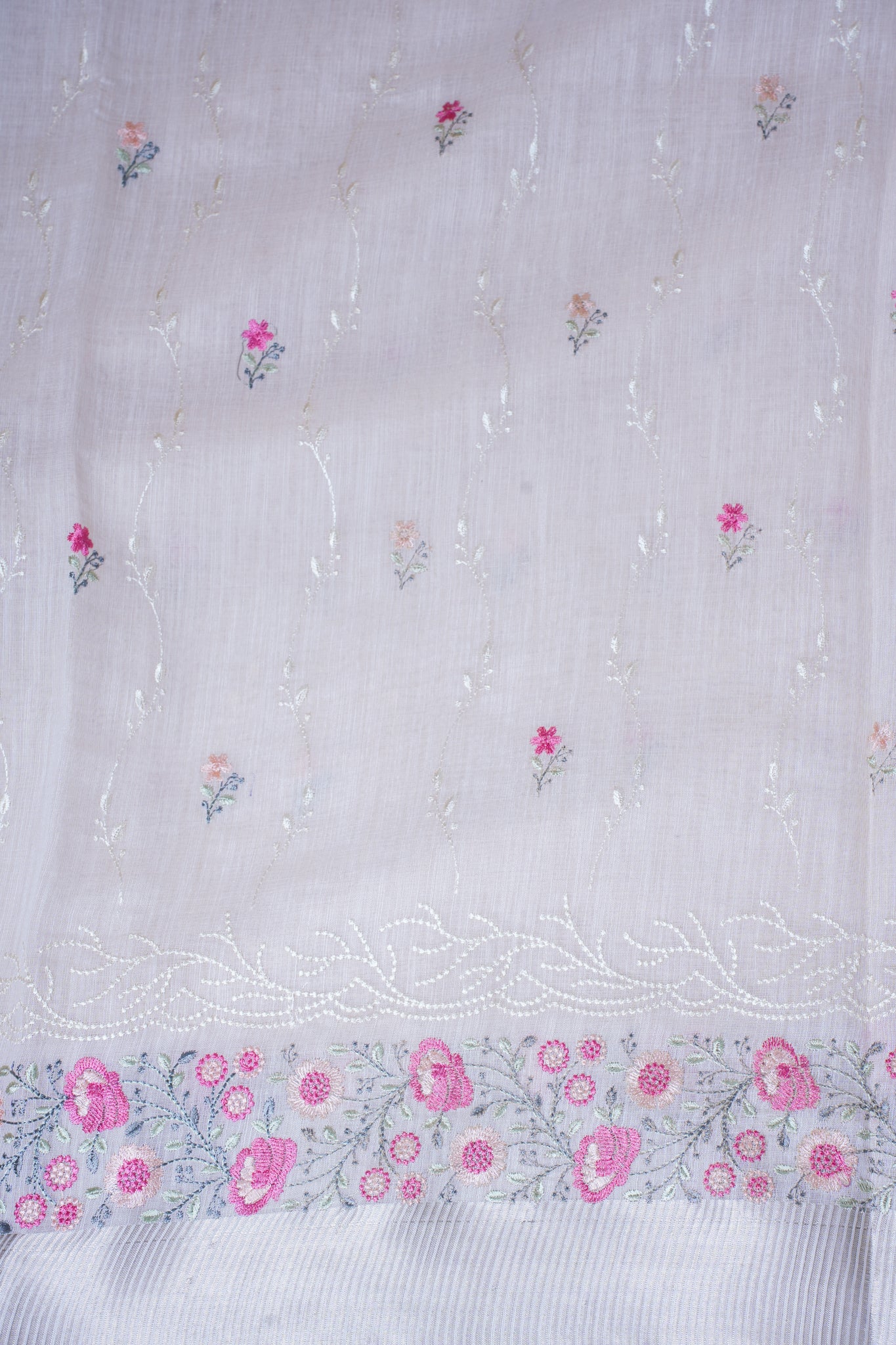 Ivory White Cotton Saree with Minakari Floral Embroidery