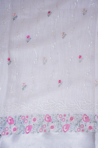Ivory White Cotton Saree with Minakari Floral Embroidery