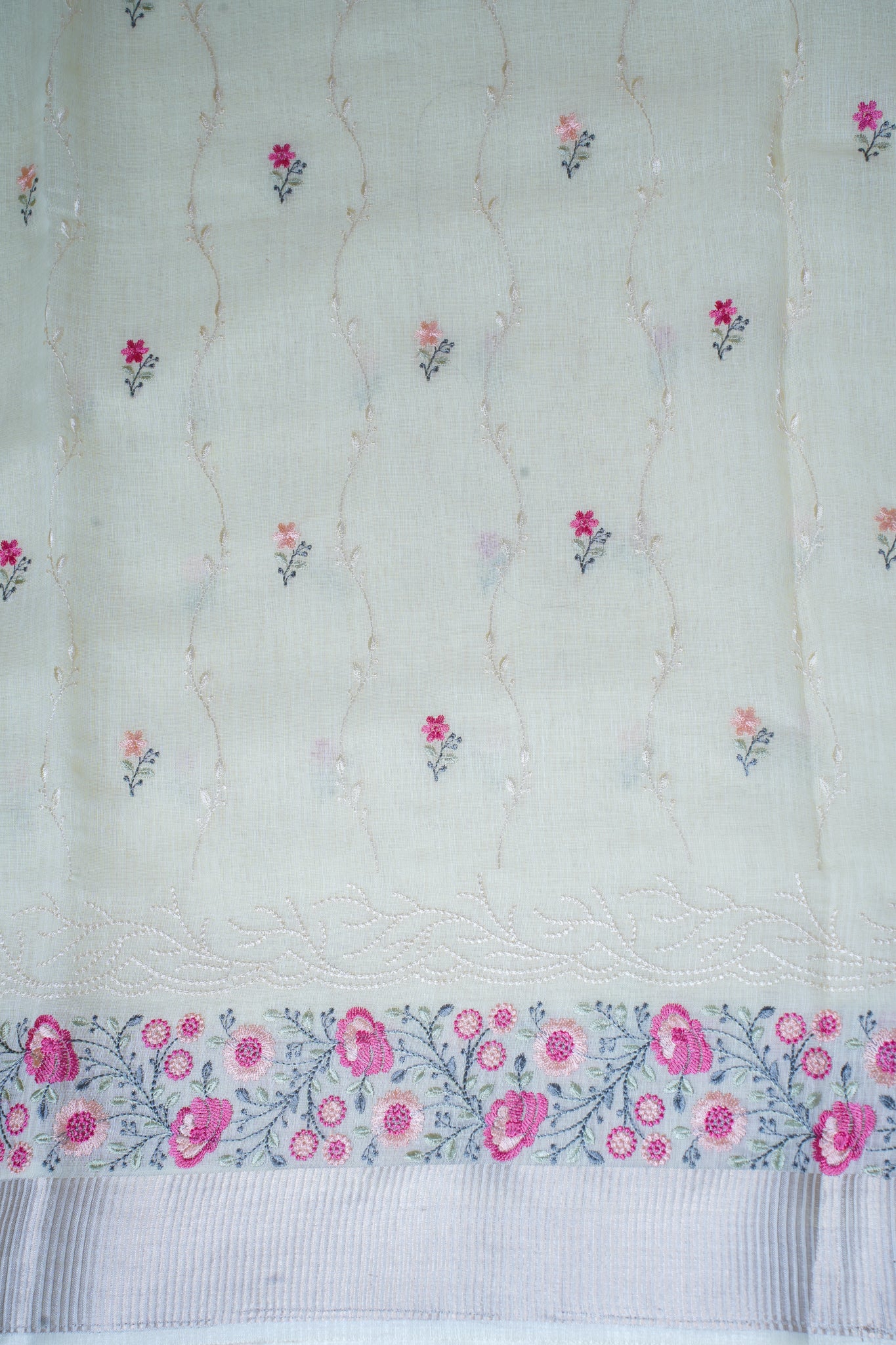 Lemon White Cotton Saree with Minakari Floral Embroidery
