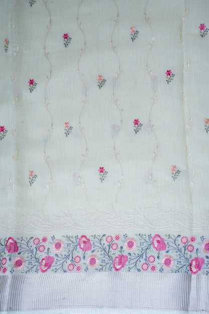 Lemon White Cotton Saree with Minakari Floral Embroidery