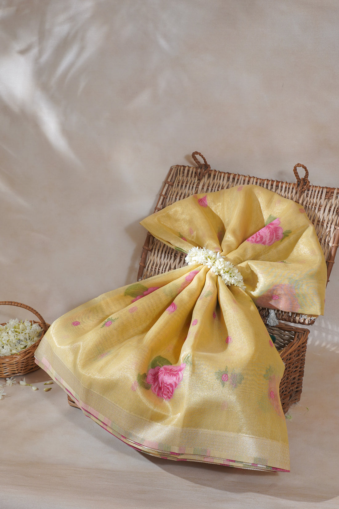 Yellow Linen Silk Minakari Saree