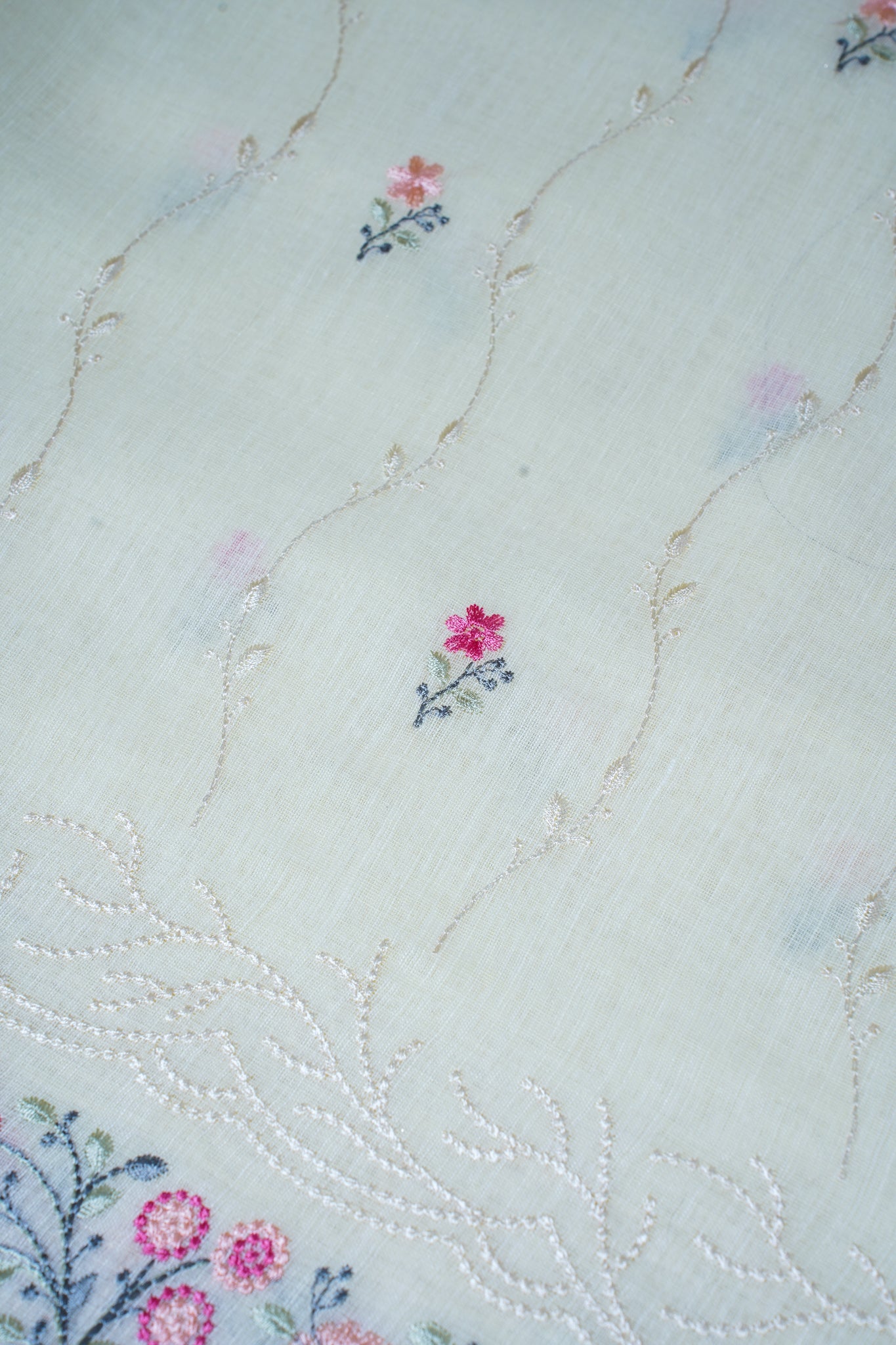 Lemon White Cotton Saree with Minakari Floral Embroidery