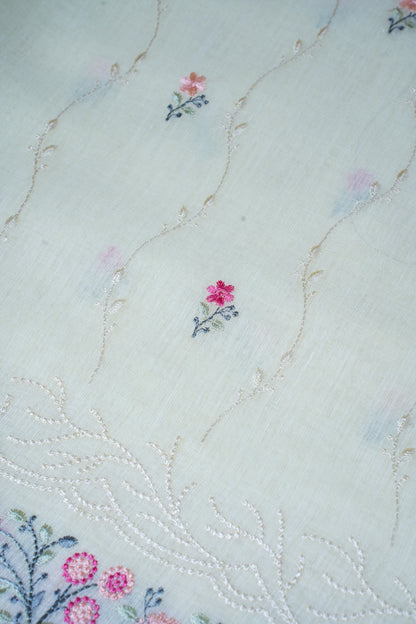 Lemon White Cotton Saree with Minakari Floral Embroidery