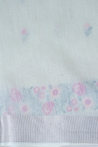 Lemon White Cotton Saree with Minakari Floral Embroidery