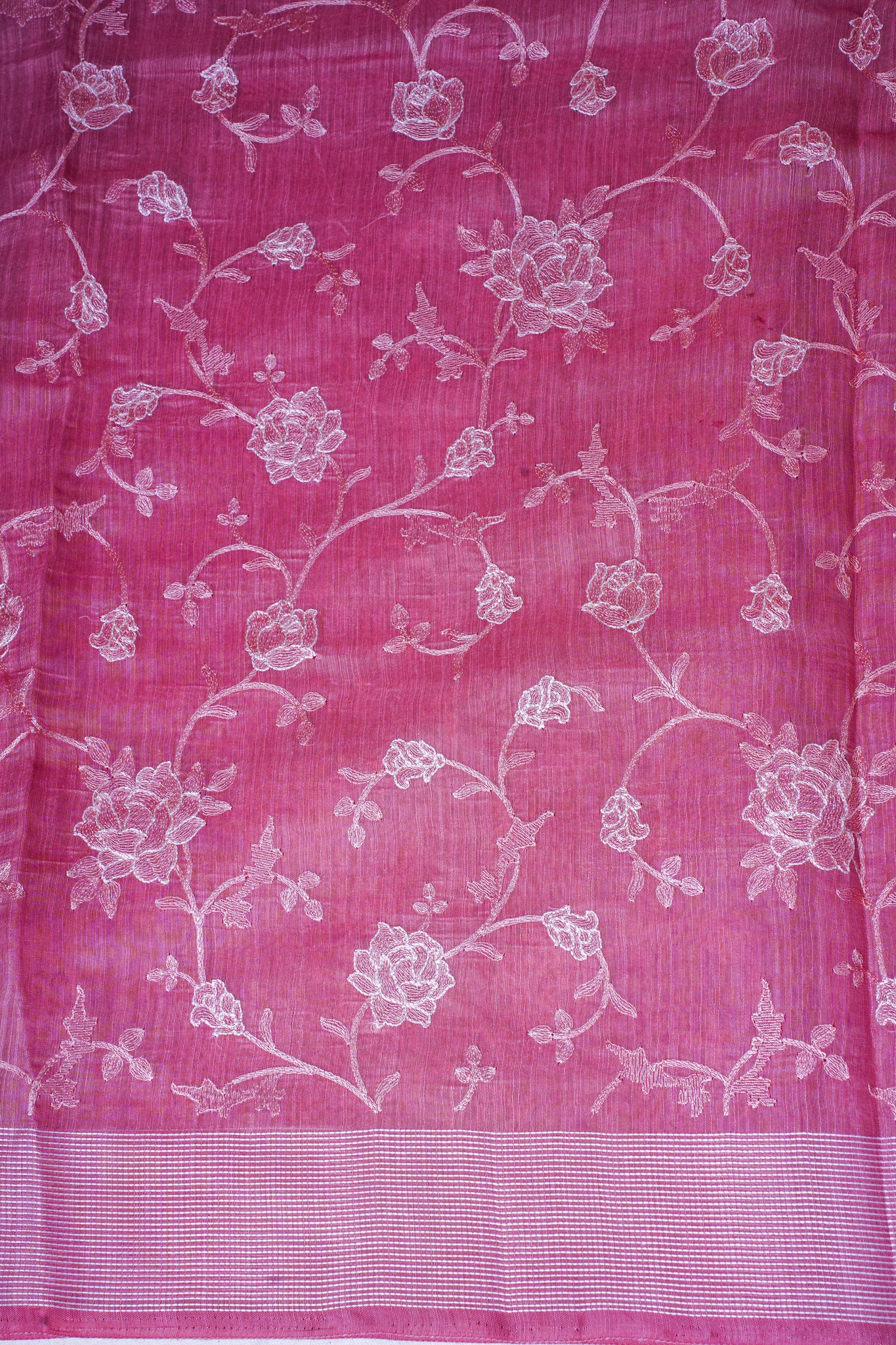 Rose Pink Linen Saree with White Chikankari Embroidery
