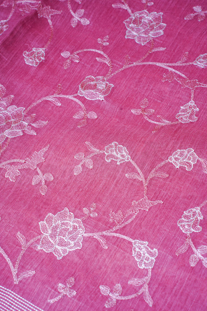 Rose Pink Linen Saree with White Chikankari Embroidery
