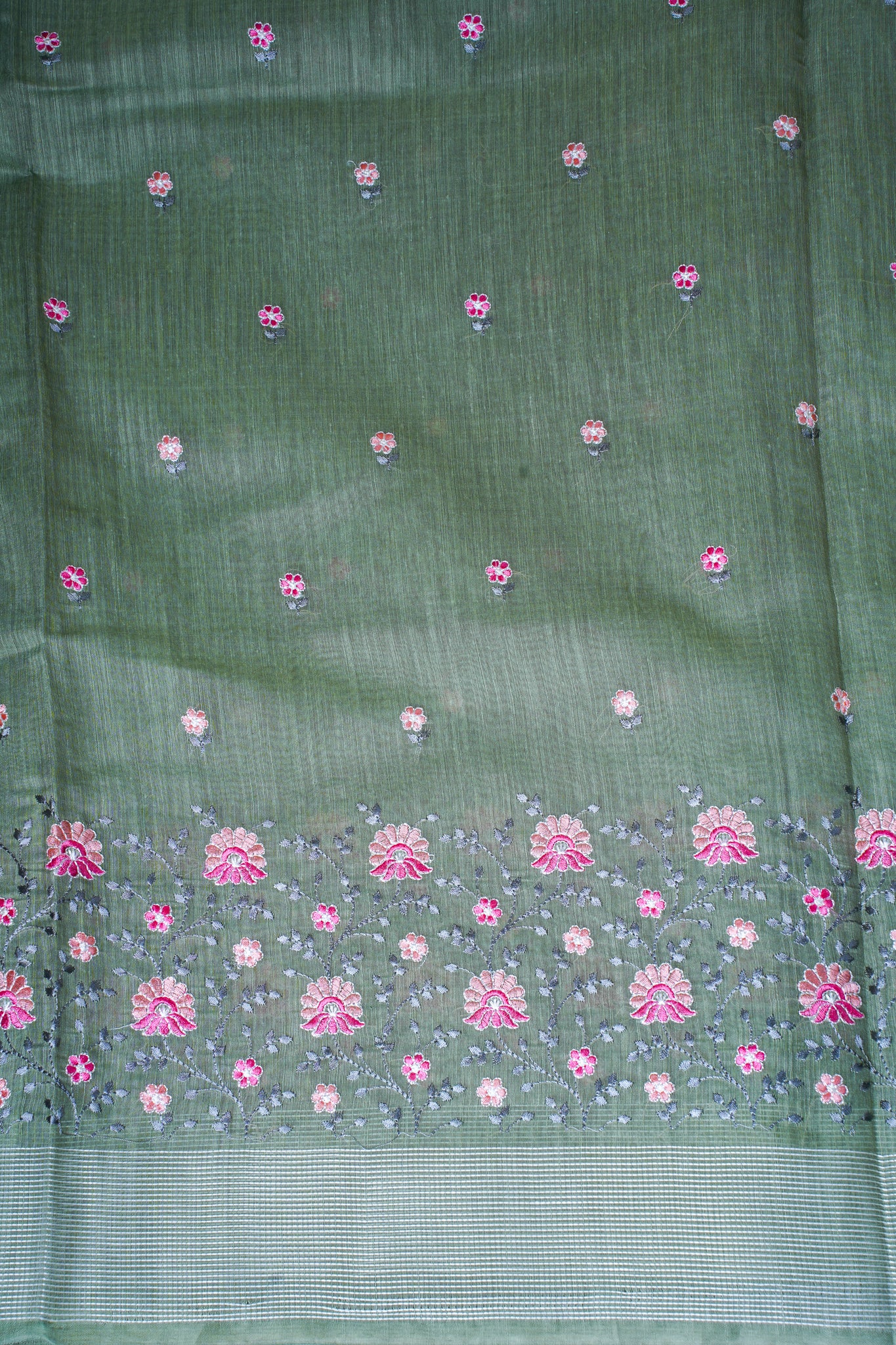 Olive Green Linen Saree with Multicolor Chikankari Embroidery