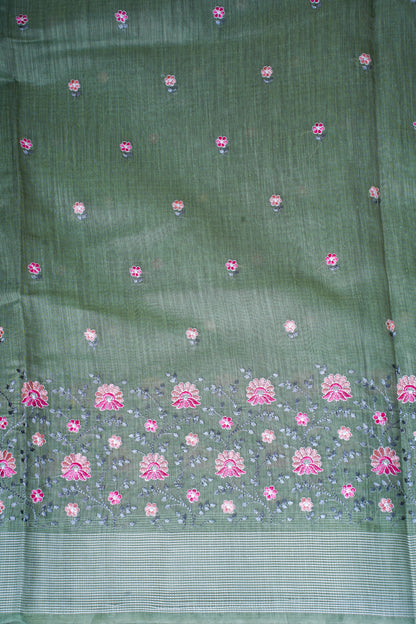 Olive Green Linen Saree with Multicolor Chikankari Embroidery