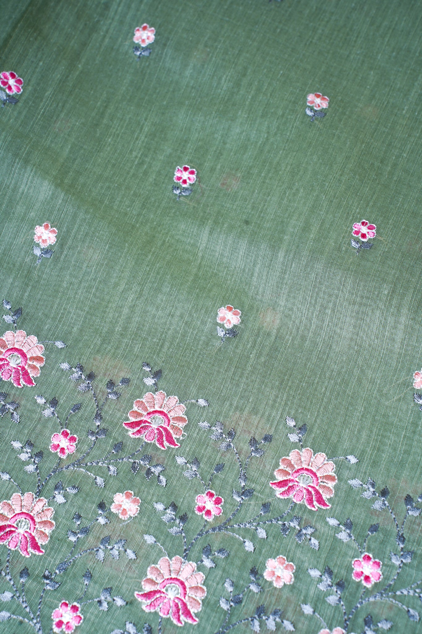 Olive Green Linen Saree with Multicolor Chikankari Embroidery