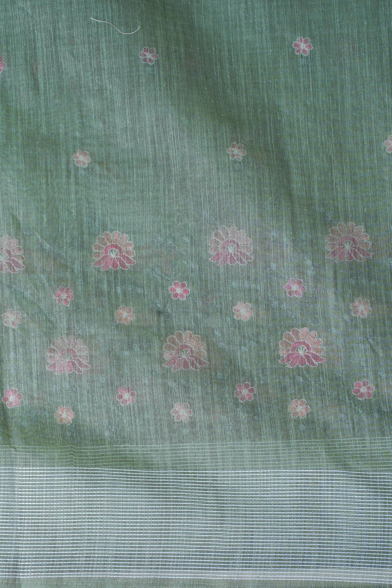 Olive Green Linen Saree with Multicolor Chikankari Embroidery