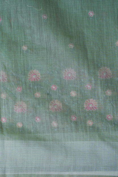 Olive Green Linen Saree with Multicolor Chikankari Embroidery