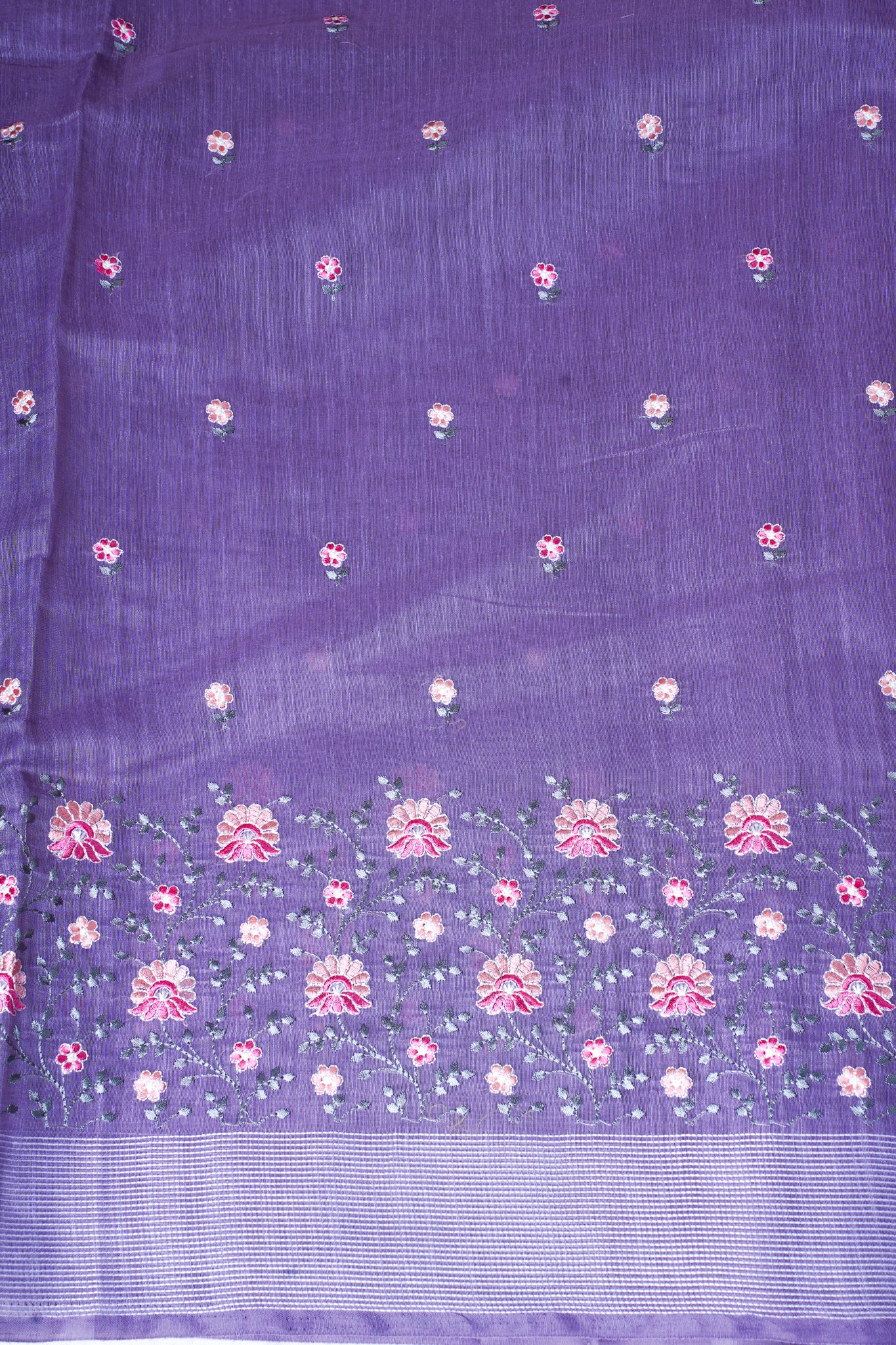 Purple Linen Saree with Multicolor Chikankari Embroidery