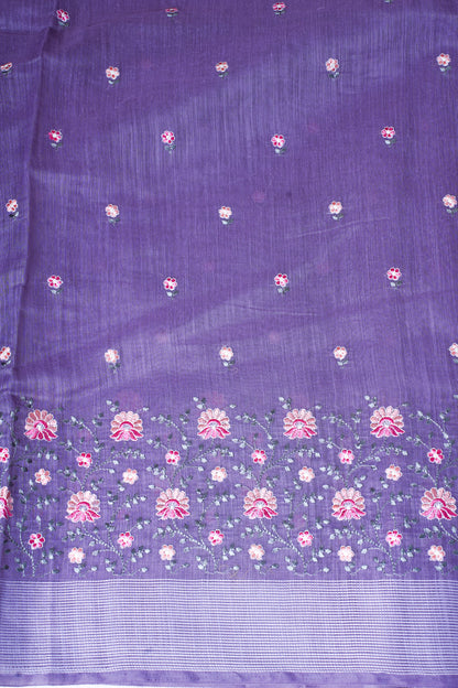 Purple Linen Saree with Multicolor Chikankari Embroidery