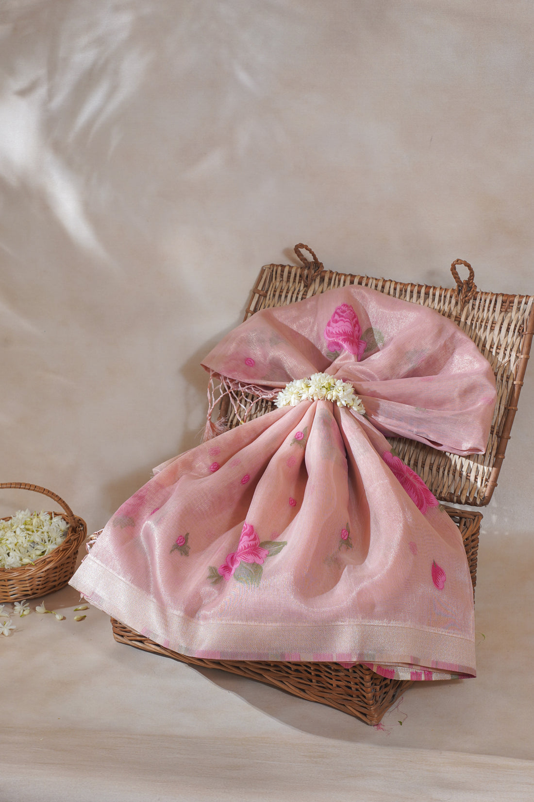 Peach-Pink Linen Silk Minakari Saree