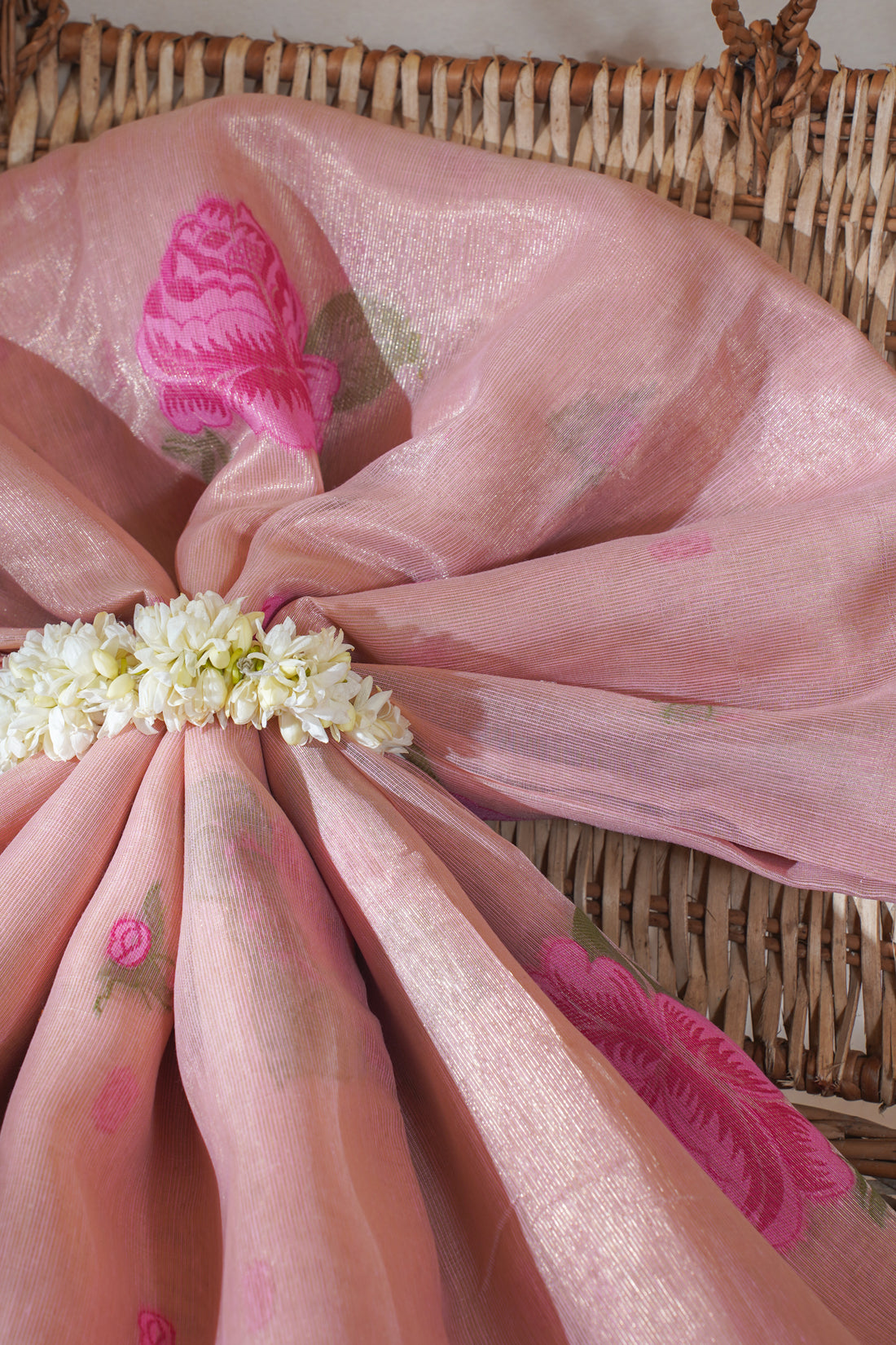 Peach-Pink Linen Silk Minakari Saree