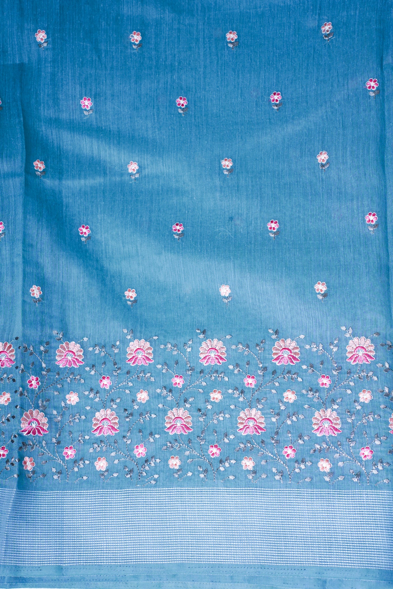 Sky Blue Linen Saree with Multicolor Chikankari Embroidery