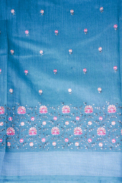 Sky Blue Linen Saree with Multicolor Chikankari Embroidery