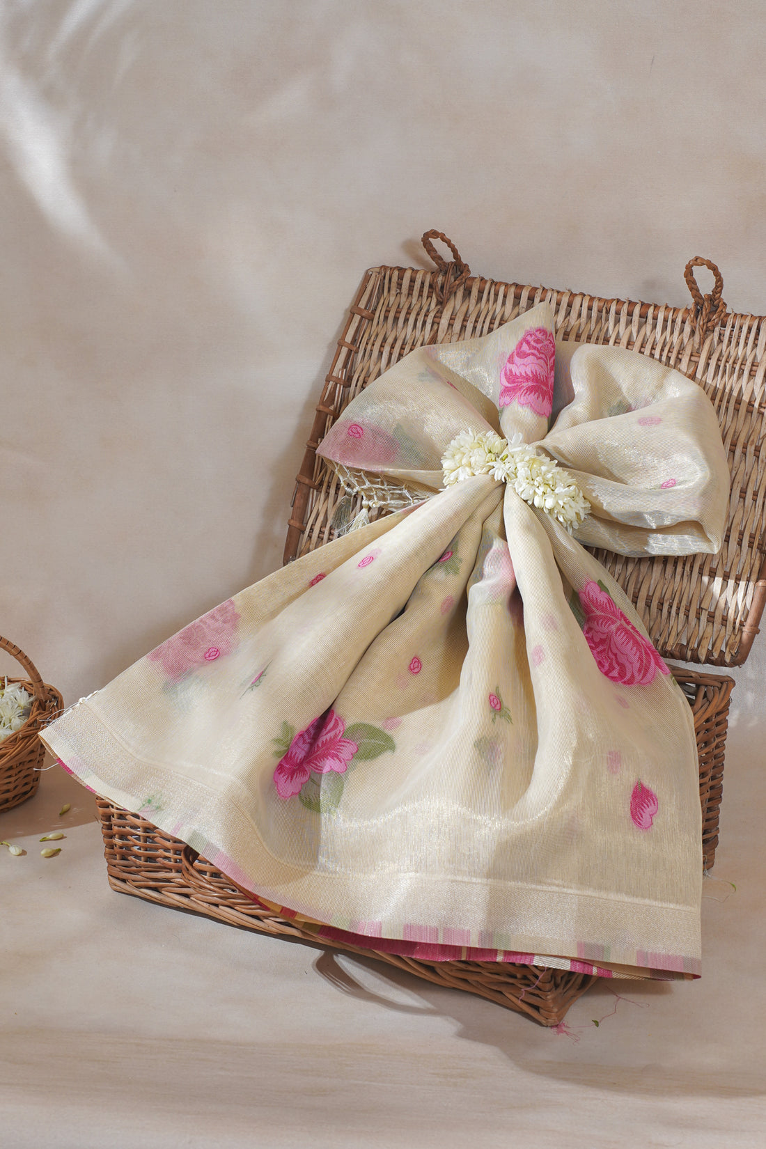 Ivory Beige Linen Silk Minakari Saree