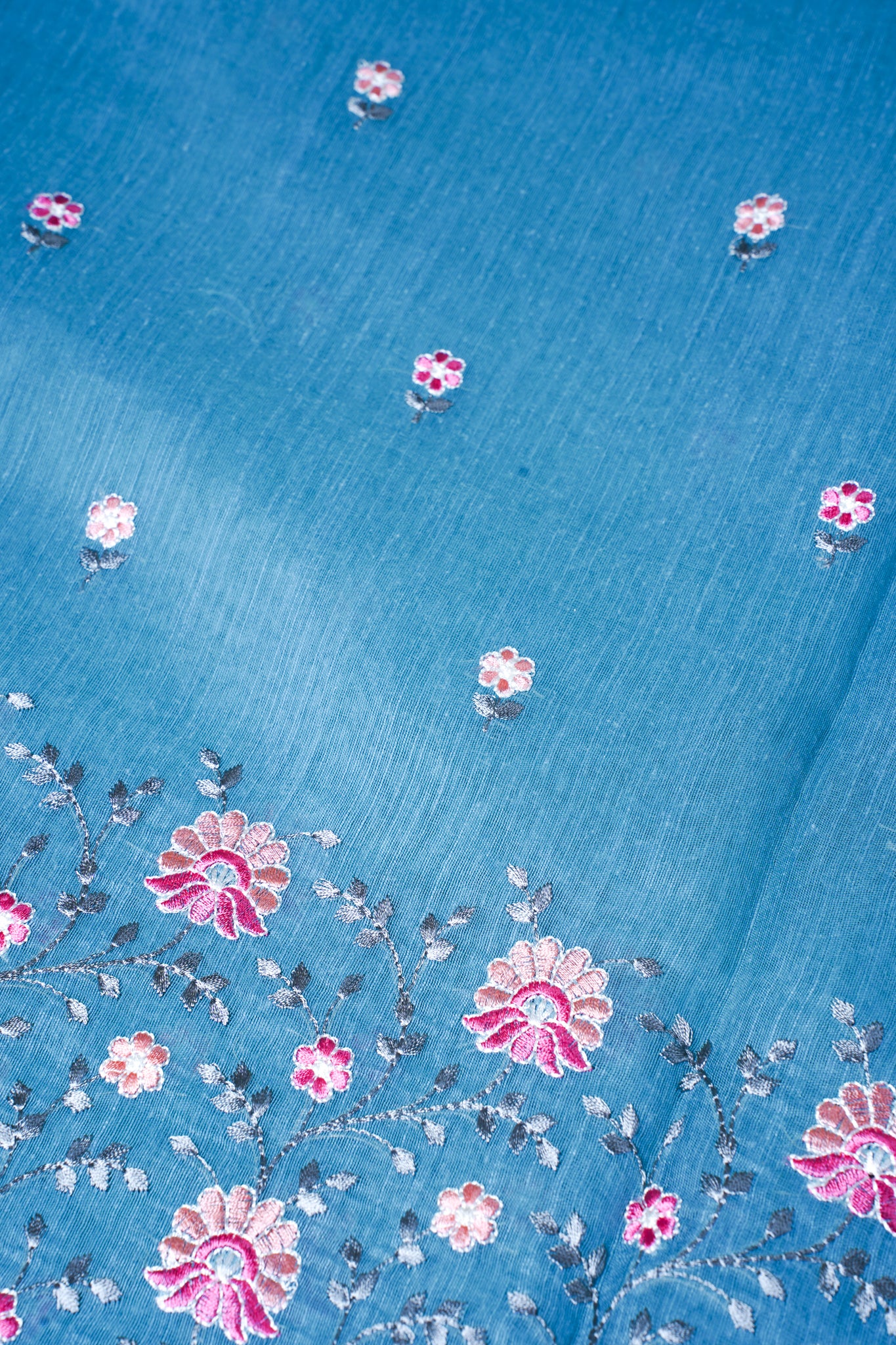 Sky Blue Linen Saree with Multicolor Chikankari Embroidery
