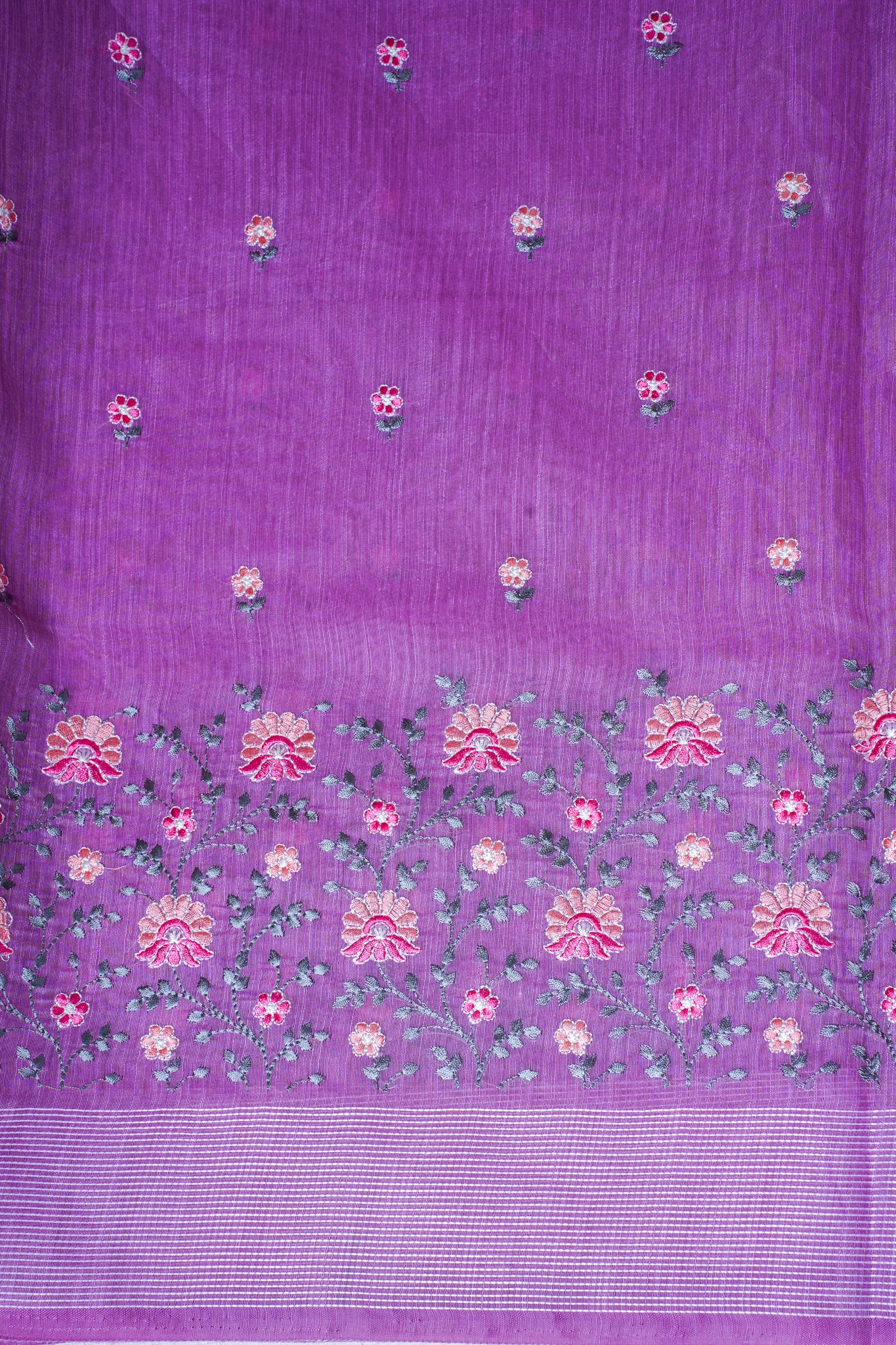 Lavender Linen Saree with Multicolor Chikankari Embroidery