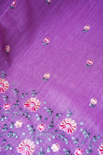 Lavender Linen Saree with Multicolor Chikankari Embroidery