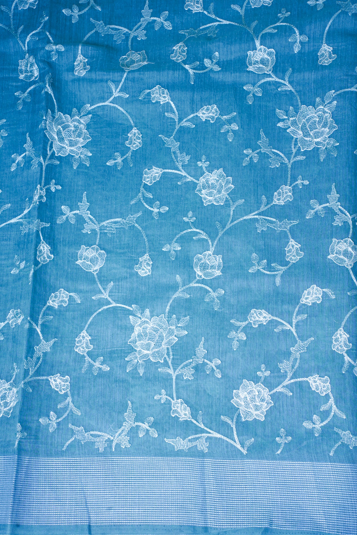 Sky Blue Linen Saree with White Chikankari Embroidery