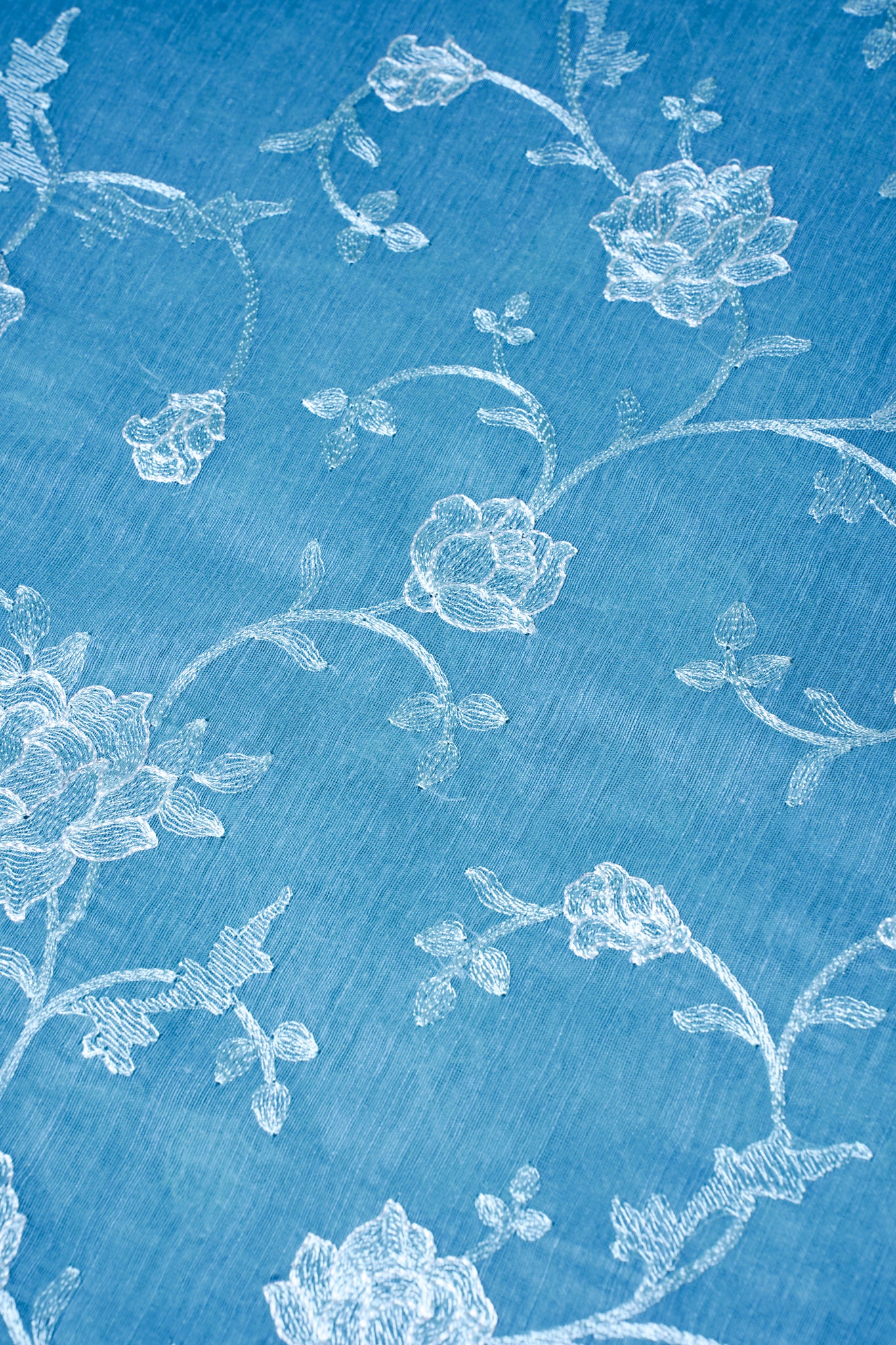 Sky Blue Linen Saree with White Chikankari Embroidery