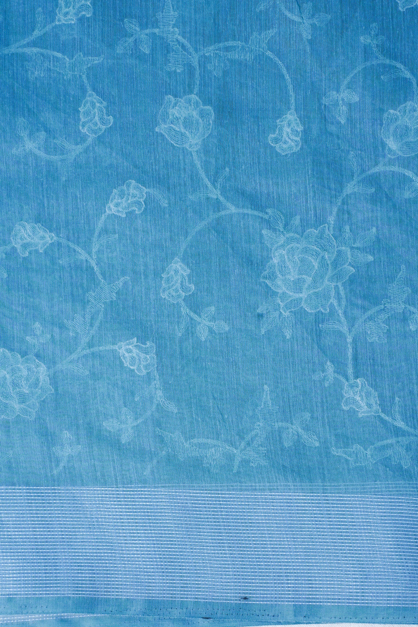 Sky Blue Linen Saree with White Chikankari Embroidery