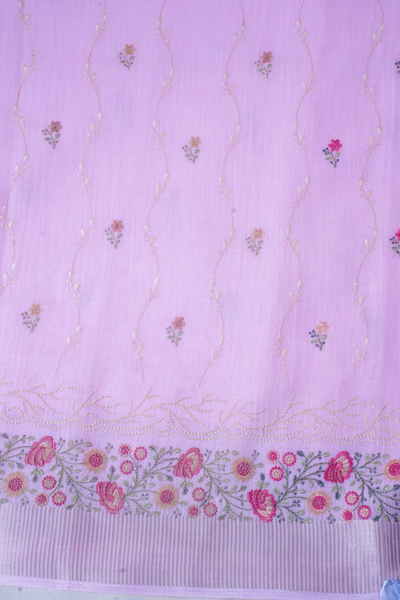 Baby Pink Cotton Saree with Minakari Floral Embroidery