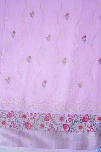 Baby Pink Cotton Saree with Minakari Floral Embroidery
