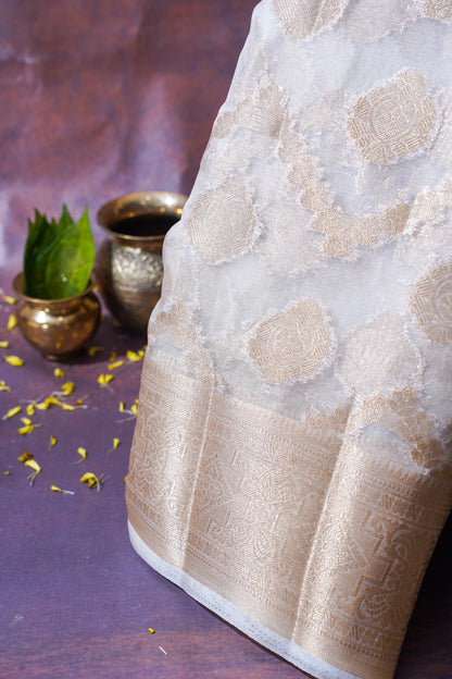 Ivory Organza Banarasi Jaal Weaving Saree