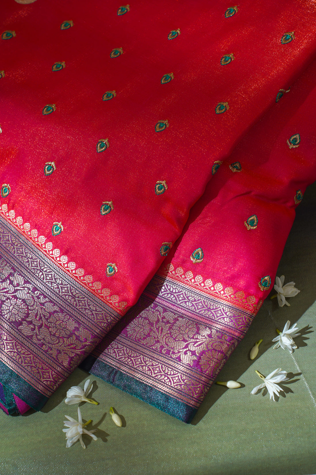Red Banarasi Satin Silk Saree with zari embroidery buti work