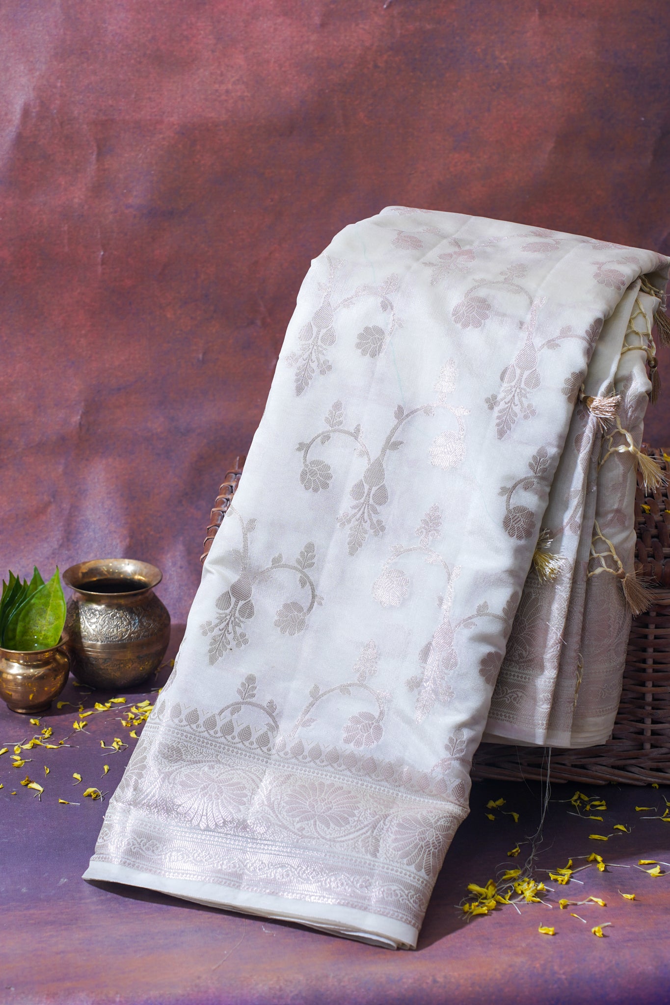 Pearl White Warm Silk Banarasi Buta Saree