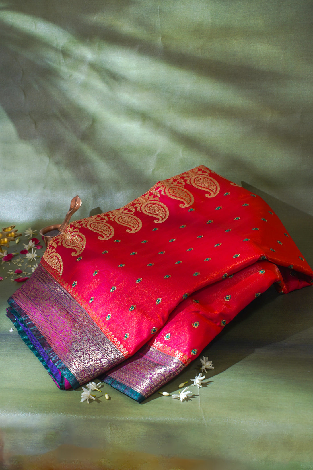 Red Banarasi Satin Silk Saree with zari embroidery buti work